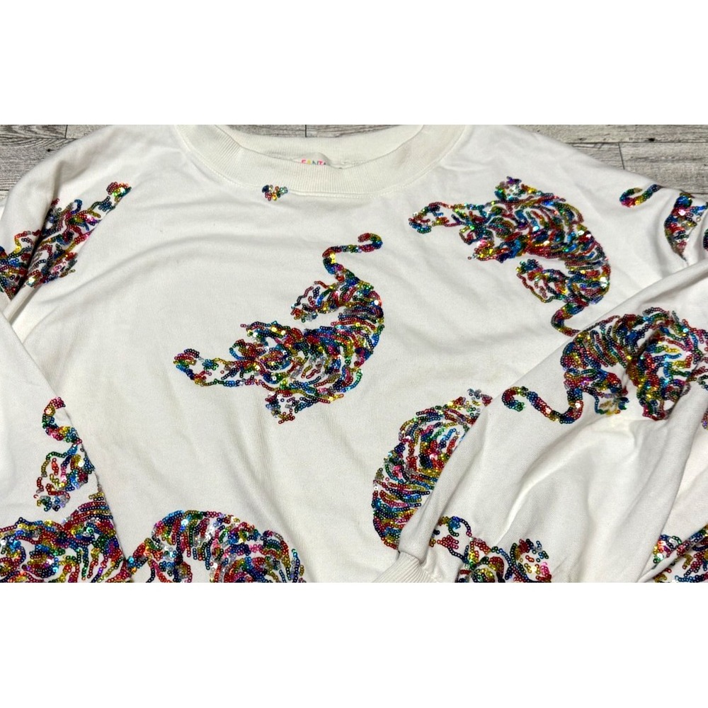 Fantastic Fawn Sweatshirt White Multicolor Sequin Tiger Oversized Crewneck SMALL